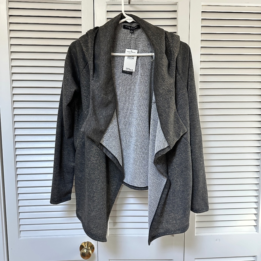 Green Envelope Open Front Hoodie Bronze Metallic Gray Neutral Pockets Large